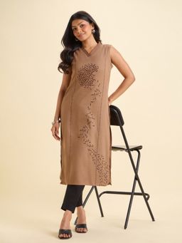 VISMAY - Women Light Brown Viscose Printed Kurta