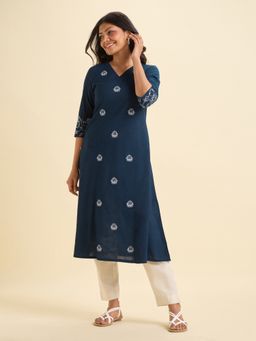VISMAY - Navy Blue Cotton Viscose Sequins Embroidery Flared Kurti