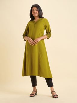 VISMAY - Olive Cotton Viscose Sequins Embroidery Kurti