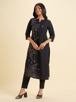 VISMAY - Women Black Viscose Floral Kurta