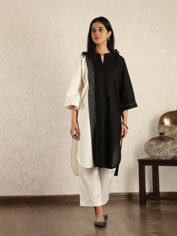 Spring Soul - Black Cotton Linen Colorblock Kurta
