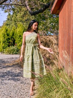 Style Island - Green Stella One Shoulder Dress with Belt