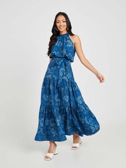 Styli - Blue Sleeveless Halter Neck Floral Print Tiered A-line Maxi Dress