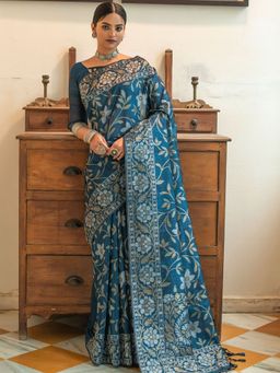 Odette - Teal Tussar Silk Heavy Jamdani Saree with Unstitched Blouse