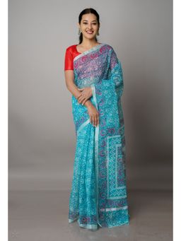 Unnati Silks - Peacock Blue Pure Block Printed Kota Cotton Saree with Unstitched Blouse