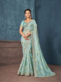 Odette - Blue Georgette Printed Saree with Unstitched Blouse