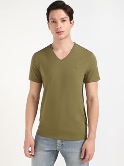 Tommy Hilfiger - Men Olive Solid V-Neck Casual T-Shirt