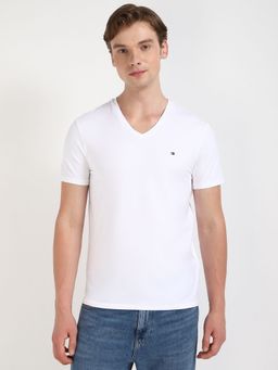 Tommy Hilfiger - Men White Solid V- Neck Casual T-Shirt
