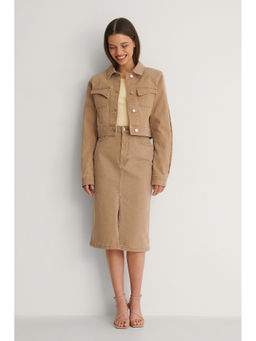 NA-KD - Sharp Shoulder Cropped Colored Denim Jacket-Toasted Nut