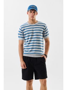 Snitch - Light Grey Stripes Half Sleeves Slim Casual T-shirt for Men