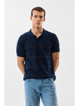 Snitch - Navy Blue Stripes Half Sleeves Slim Casual Polo T-shirt for Men