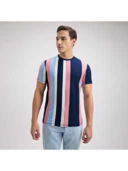 Pepe Jeans - Men Blue and White/Pink Vertical Stripe Short Sleeve T-shirt
