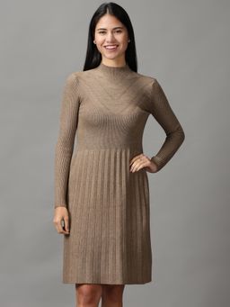 SHOWOFFFF - Womens Fit And Flare Taupe Self Design Dress