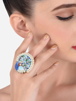 Zaveri Pearls - Blue Meenakari Peacock Inspired Kundan Ethnic Finger Ring-ZPFK12914