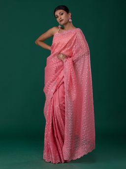 Koskii - Pink Sequin Work Organza Designer Saree With Unstitched Blouse