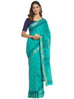 Fabindia - Teal Hand Block Print Cotton Saree