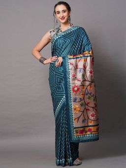 Odette - Teal Blue Festive Dole Silk Printed Saree with Unstitched Blouse