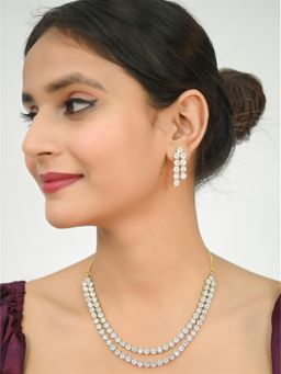 Ratnavali Jewels - Gold Plated Dual American Diamond White Cubic Zirconia Necklace Set with Earring