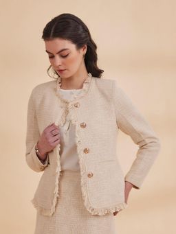 B77 - Women Beige Organic Cotton Round Neck Textured Cropped Jacket