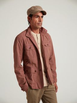 B77 - Men Brown Cotton Collar Neck Solid Shacket
