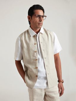 B77 - Men Beige Linen Mandarin Neck Solid Waist Coat