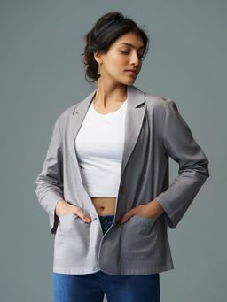 B77 - Women Grey Cotton Linen Notched Lapel Solid Overlays