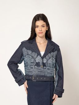 B77 - Women Navy Blue Organic Notched Lapel Printed Denim Jacket
