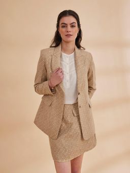 B77 - Women Beige Organic Cotton Notched Lapel Textured Blazer