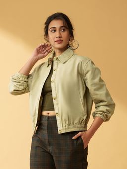 B77 - Women Green Organic Cotton Collar Neck Solid Bomber Jacket