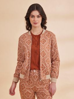 B77 - Women Rust Organic Cotton Henley Neck Printed Bomber Jacket