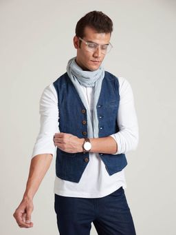B77 - Men Blue Cotton V-Neck Solid Waist Coat