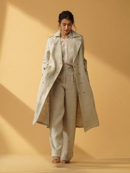 B77 - Women Beige Organic Cotton Notched Lapel Textured Coat