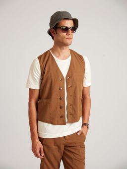B77 - Men Brown Organic Cotton V-Neck Solid Waist Coat