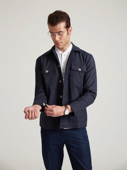 B77 - Men Navy Blue Organic Cotton Collar Neck Checks Shacket