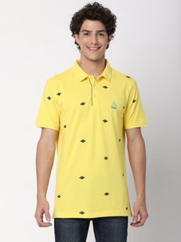 Spykar - Men Pastel Yellow Cotton Half Sleeve Printed Polo T-Shirt