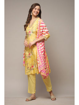 Biba - Womens Yellow Printed Polyester A-line Suit (Set of 3)