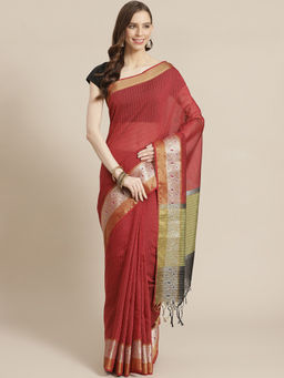 Indethnic - Banarasi Maroon Checks Work Wear Saree With Unstitched Blouse