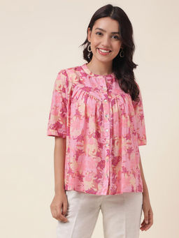 Fabindia - Pink Viscose Cotton Printed Women Top