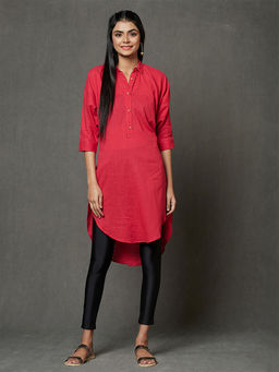 Fabindia - Pink Cotton Slub Button Fly Knee Length Dress