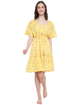 Fabindia - Mustard Cotton Printed Night Knee Length Dress