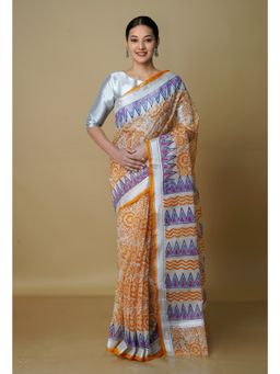 Unnati Silks - Off White Pure Kota Block Printed Cotton Saree with Unstitched Blouse