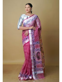Unnati Silks - Dark Pink Pure Kota Block Printed Cotton Saree with Unstitched Blouse