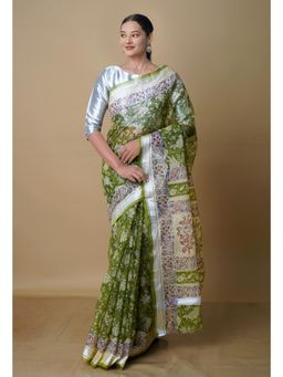 Unnati Silks - Olive Pure Kota Block Printed Cotton Saree with Unstitched Blouse