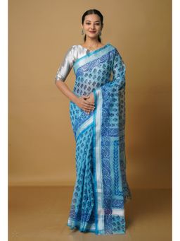 Unnati Silks - Light Blue Pure Kota Block Printed Cotton Saree with Unstitched Blouse
