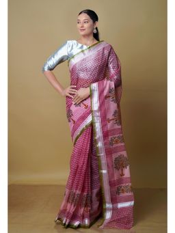 Unnati Silks - Dark Pink Pure Kota Block Printed Cotton Saree with Unstitched Blouse