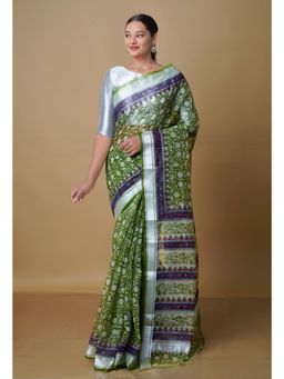 Unnati Silks - Green Pure Kota Block Printed Cotton Saree with Unstitched Blouse