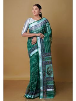 Unnati Silks - Green Pure Kota Block Printed Cotton Saree with Unstitched Blouse
