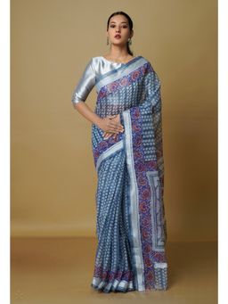 Unnati Silks - Airforce Blue Pure Kota Block Printed Cotton Saree with Unstitched Blouse