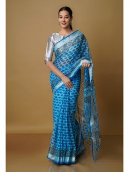Unnati Silks - Light Blue Pure Kota Block Printed Cotton Saree with Unstitched Blouse