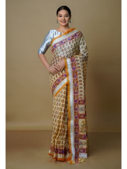 Unnati Silks - Light Yellow Pure Kota Block Printed Cotton Saree with Unstitched Blouse